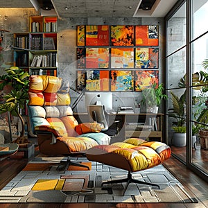 Quirky home office with colorful artwork and unconventional furniture3D render.