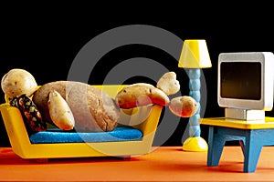 A quirky metaphorical concept image showing a potato man lying on a couch in a living room setting
