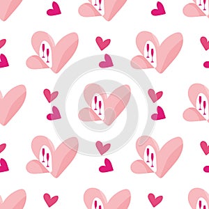 Quirky open heart seamless vector pattern background. Pink groups of love symbols on white backdrop. Fun geometric