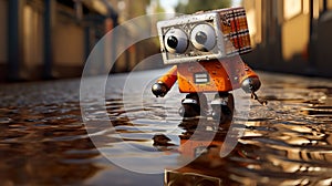 Quirky Orange Robot In Rain: Vray Tracing, Chromepunk Adventure