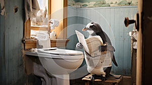 Quirky Penguin Reading Newspaper On Toilet In Vintage Bathroom