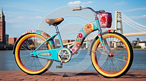 A quirky and playful bike with an unconventional shape and colorful accents, set against a vibrant city backdrop