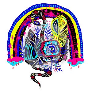 Quirky psychedelic plant flower with many eyes, magic snake under the mellow rainbow in fantasy jungle.