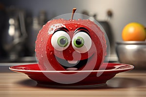Quirky red apple with eyes, a humorous kitchen plate scene