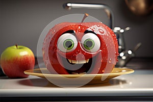 Quirky red apple with eyes, a humorous kitchen plate scene