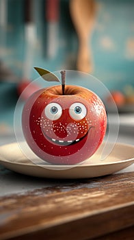 Quirky red apple with eyes, a humorous kitchen plate scene