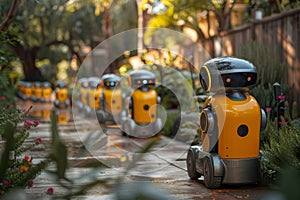 A quirky sight greets passersby - a row of yellow robots perched on a sidewalk, waiting patiently for their next