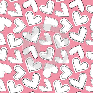 Quirky white and black line art doodle hearts as seamless multidirectional vector pattern on soft pink background.