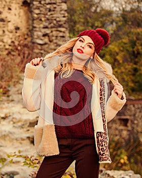 Quit morning. autumn season clothes and accessory. girl long hair in hat. woman in sweater and half-length coat. warm