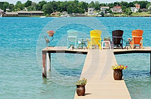 Quite dock with colorful chairs and decorations