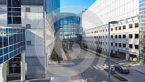 Quite street in downtown Oklahoma City, USA buzzing area with glass office buildings, skyscraper business district, residential