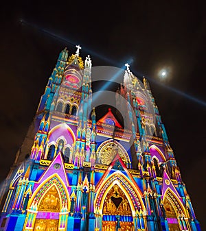 QUITO, ECUADOR - AUGUST 9, 2017: Beautiful view at night of the neo - gothic style Basilica of the National Vow