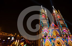 QUITO, ECUADOR - AUGUST 9, 2017: Beautiful view at night of the neo - gothic style Basilica of the National Vow