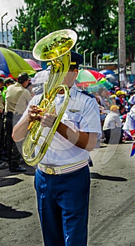 Quito, Ecuador - January 31, 2018: Group of young school students girls in the march in the Quito Festivities` parade