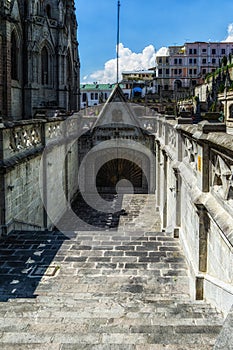 Quito`s cathedral entrance. Gothic architecture