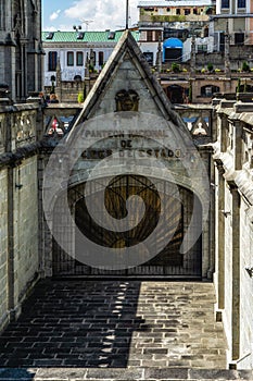 Quito`s cathedral entrance. Gothic architecture