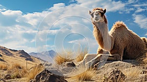 Quito School Inspired: Camel Resting On Rock In Desert