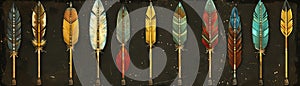 A quiver of arrows, each feathered in a different style, representing various directions and pathways , no grunge, splash, dust