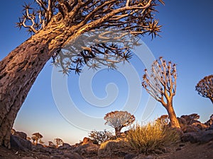 The Quivertree Forest at sunrise in Namibia, Africa. photo