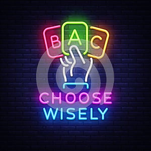 Quiz choice neon sign with hand. Vector illustration showing glowing hand holding ABC answer cards and text CHOOSE photo