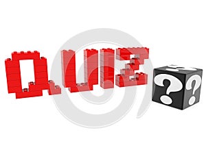 QUIZ concept of red toy bricks with black cubes and white question marks