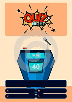 Quiz game with answers with sticker Quiz night on background. Brainy game. Vector illustration design