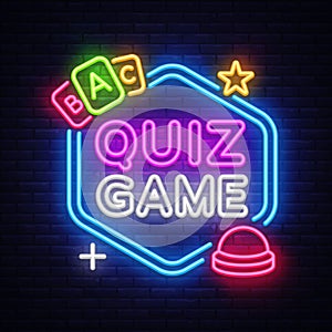 Quiz game neon sign with buzzer. Vector illustration showing colorful text QUIZ GAME with answer cards and glowing photo