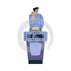 Quiz Game with Young Man Participant at Button Stand Vector Illustration