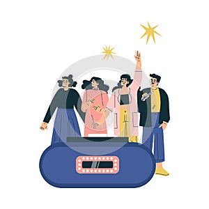 Quiz Game with Young Man and Woman Participant at Button Stand Vector Illustration