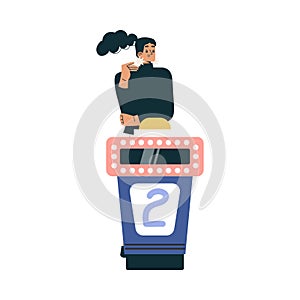 Quiz Game with Young Woman Participant at Button Stand Vector Illustration