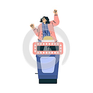 Quiz Game with Young Woman Participant at Button Stand Vector Illustration