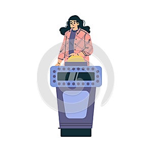 Quiz Game with Young Woman Participant at Button Stand Vector Illustration