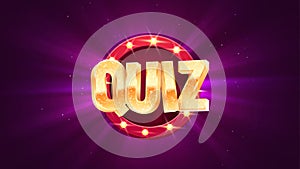 Quiz golden text on retro illuminated board vector banner. Trivia night isolated design elements