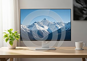 Computer monitor displaying a snowy mountain landscape on a desk