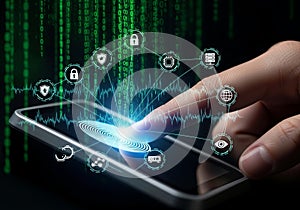 Fingerprint scan on smartphone screen with digital network security icons