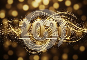 Golden numbers 2026 with sparkling lights and abstract swirls