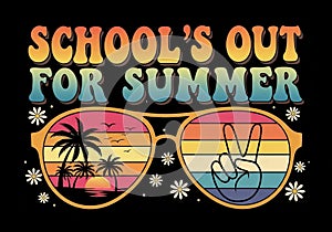 Schools out for summer retro design with sunglasses and tropical sunset