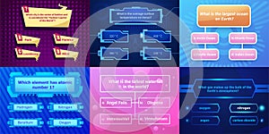 Quiz interface. Trivia question UI layout quizzing answer screen for game, quizzes test and exam, multiple choice
