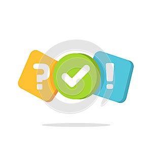 Quiz logo icon vector symbol, flat cartoon color bubble speeches with question and check mark signs as competition game