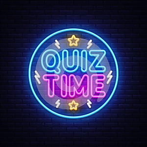 Quiz neon sign, glowing game night design. Vector illustration with vibrant text QUIZ TIME in neon style on dark photo