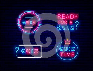Quiz neon signboard set. Speech bubble and frame collection. Play game concept. Vector stock illustration