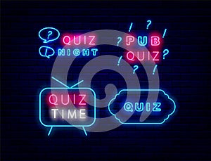 Quiz neon signs pack. Shiny frames. Show time on tv. Play game concept. Editable stroke. Vector illustration photo