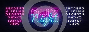 Quiz night announcement poster vector design template. Quiz night neon signboard, light banner. Pub quiz held in pub or