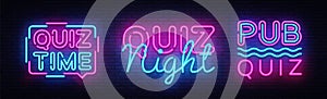 Quiz night collection announcement poster vector design template. Quiz night neon signboard, light banner. Pub quiz held