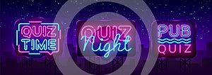 Quiz night collection announcement poster vector design template. Quiz night neon signboard, light banner. Pub quiz held