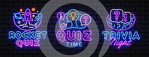 Quiz night collection announcement poster vector design template. Quiz night neon signboard, light banner. Pub quiz held