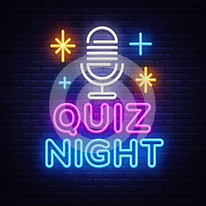 Quiz night neon sign with microphone. Vector illustration with glowing text QUIZ NIGHT and shining mic icon on dark photo