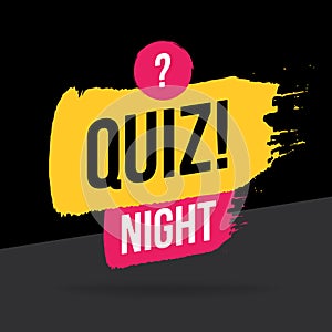 Quiz Night time icon, emblem, logo in brush stroke style. Vector flat illustration. Pink and black element design with question
