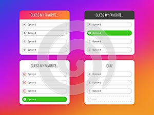 Quiz option. Question stickers for poll stories page, popularity interface voting labels for typing answers, vector photo