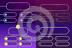 Quiz question set interface game menu, show answer trivia template background. Multiple choice frame, button. Bar ui